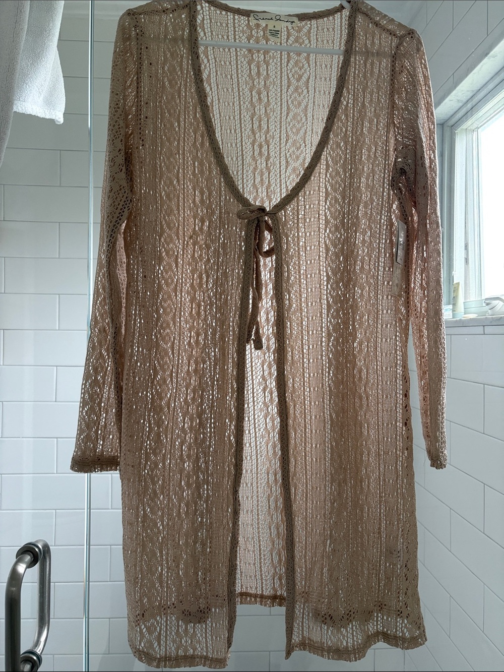 French Laundry Tan Open-Knit Crochet Cardigan- S